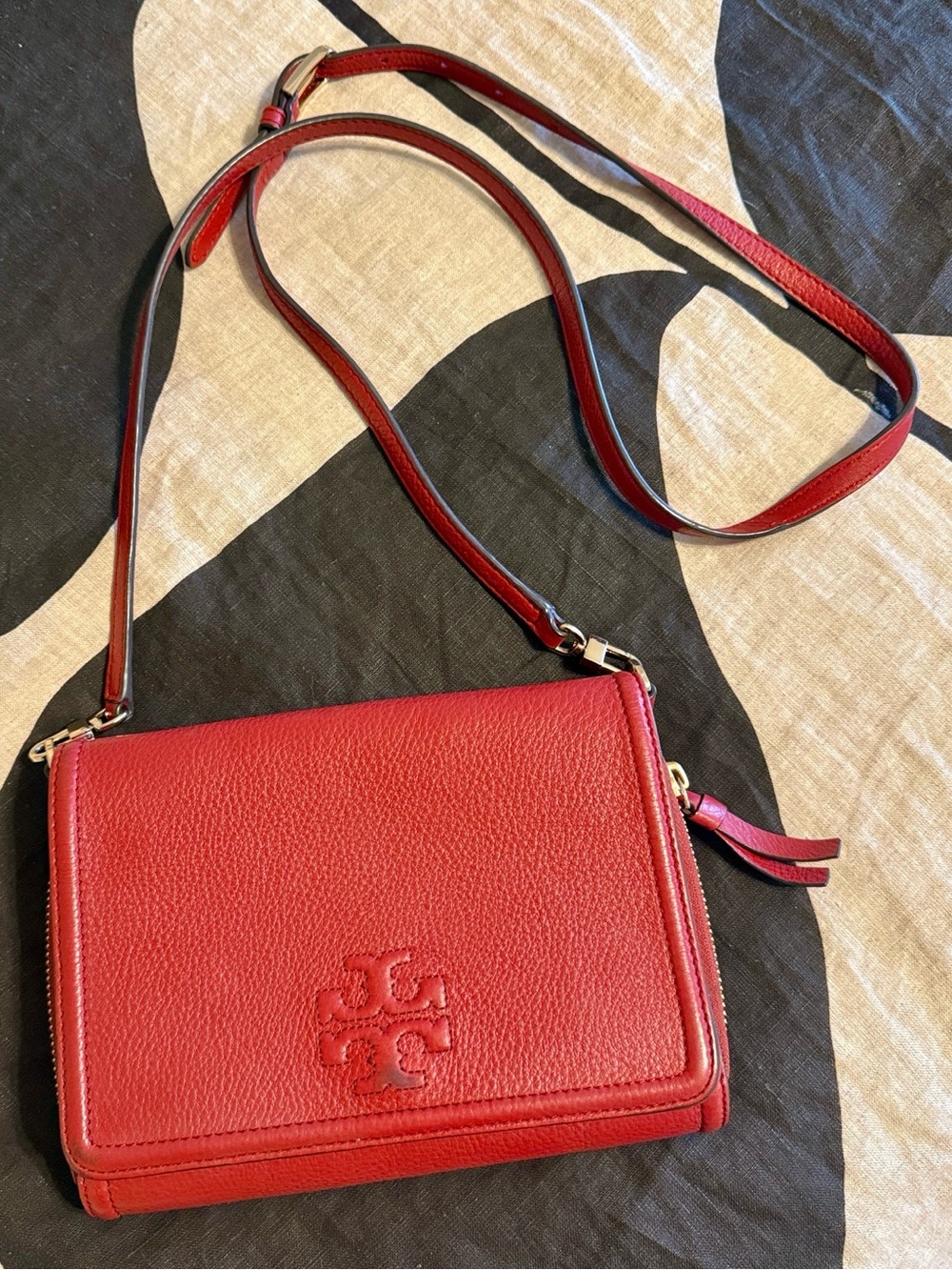 Tory Burch Red Pebbled Leather Crossbody with Logo